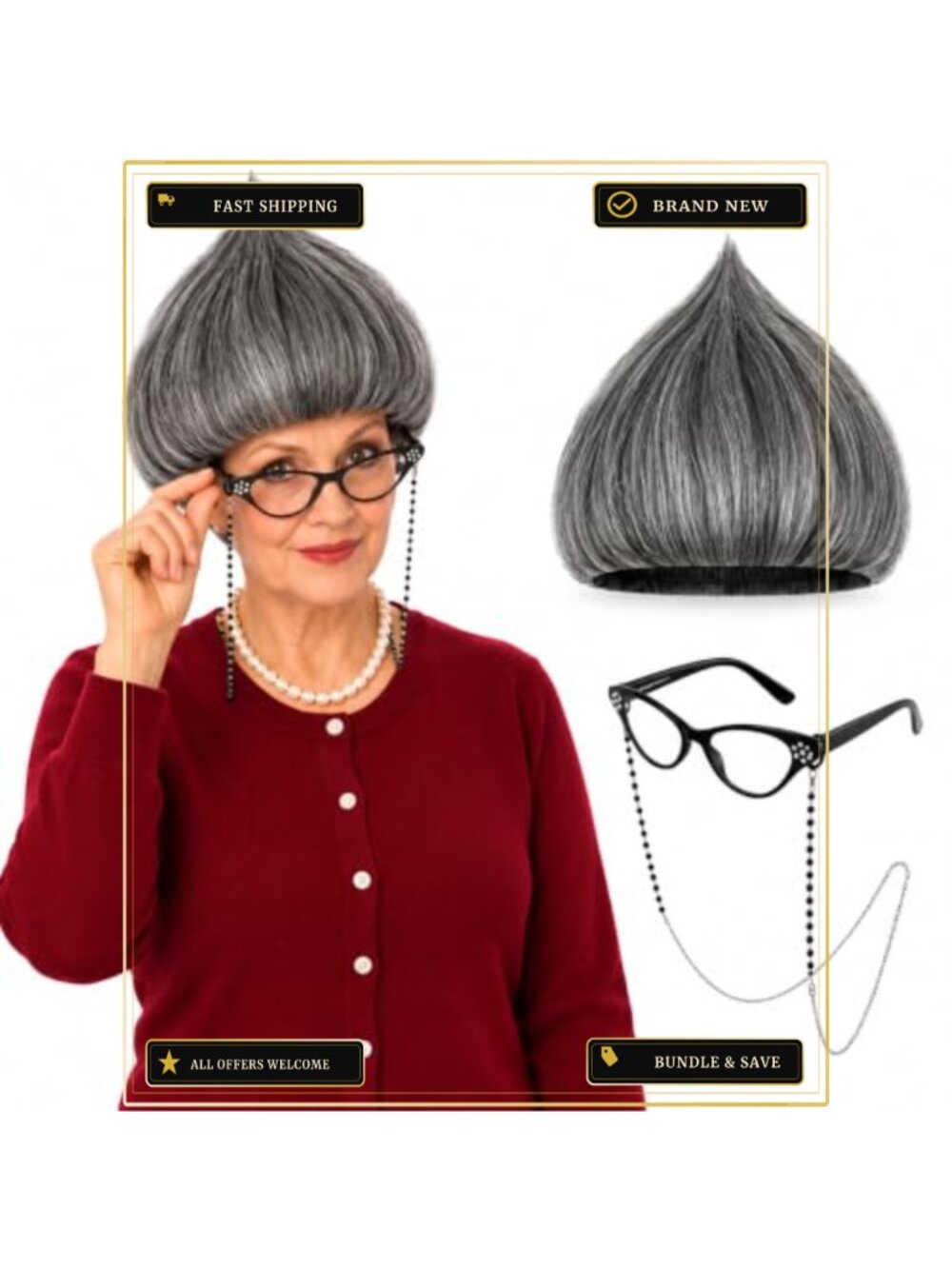 3-Piece Grandma Office Lady Costume Accessories Set Gray Wig Cat Eye Glasses